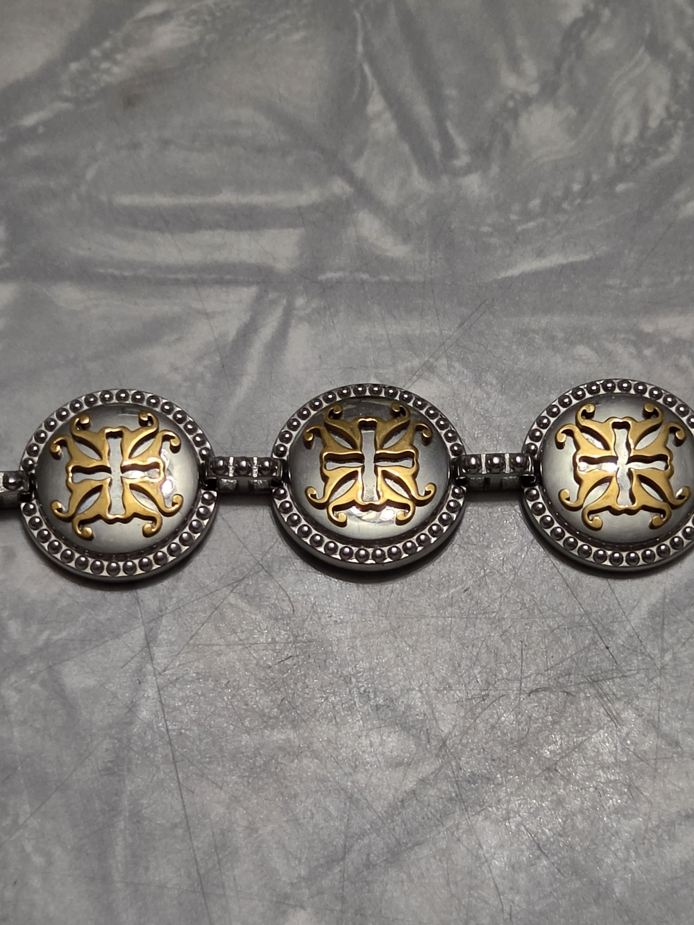 Rustic Cuff Two-Tone Motif Link Bracelet Adjustable  7.5 -8.5 In